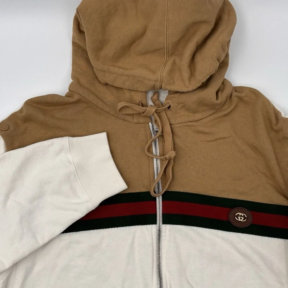 Gucci Web Stripe Zip Up Hoodie Mens Large Beige Off White Cotton Italy Authentic